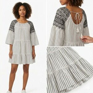 Free People Embroidered Striped Tiered Mini Dress Black Ivory Boho Tassel S